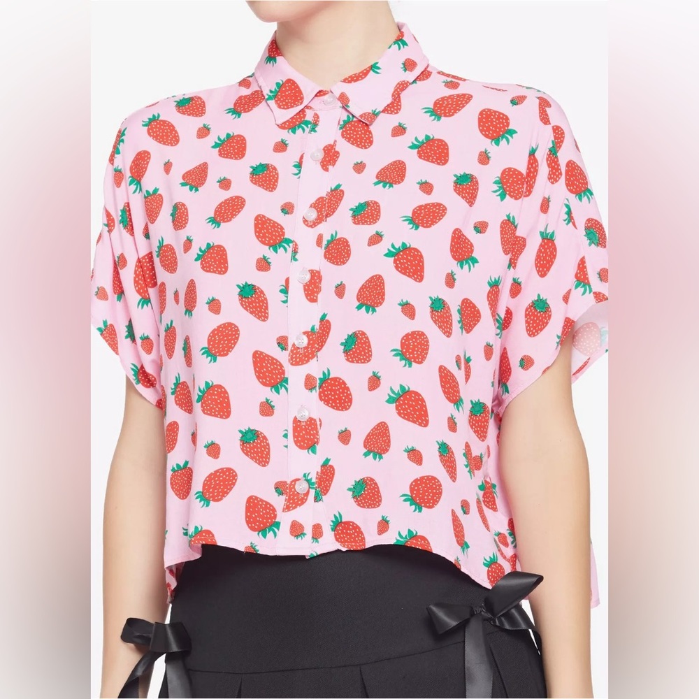 Hot Topic Pink Strawberry Boxy Fit Woven Button-Up